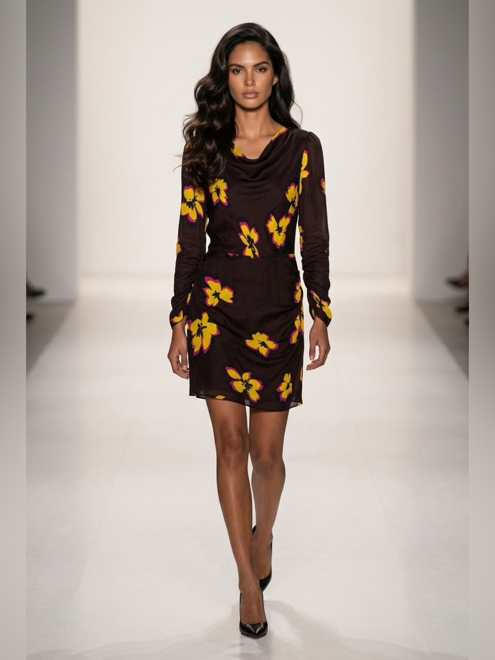 A.L.C. Black and Yellow Floral Long Sleeve Silk Dress